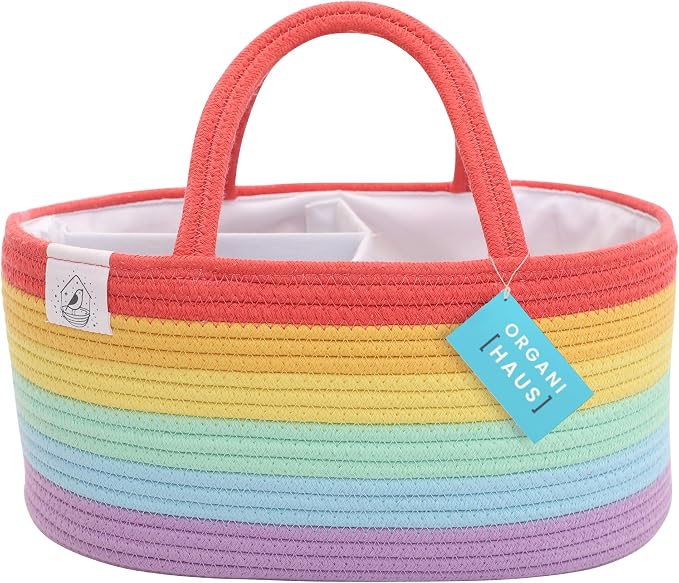 OrganiHaus Rainbow Rope Diaper Caddy Organizer, Nursery Basket | Woven handles; a toy bin, laundry bin, or newborn essentials storage; great for car, baby shower gifts, or bedroom decor