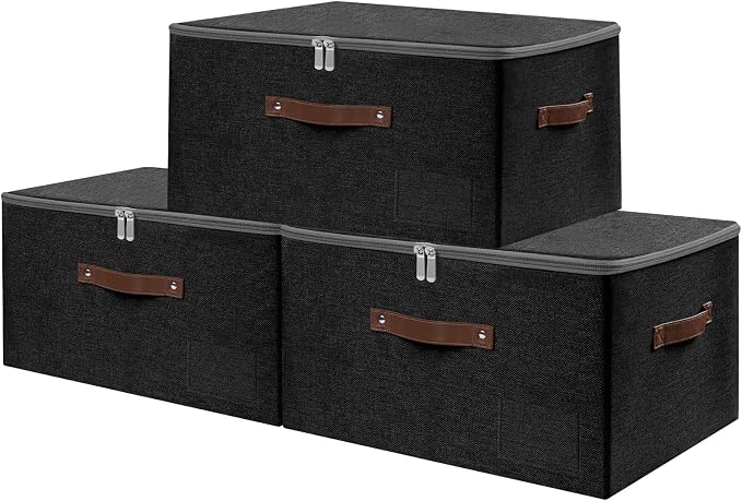 ANMINY Storage Box Fabric Bins with Zipper Lid, 17.7"x13.8"x10" Black, 3PCS | Keepsake Box, Decorative, Cotton Linen, Reinforced PP Board Frame, Washable, Stackable & Foldable, Label Holder & PU Handles