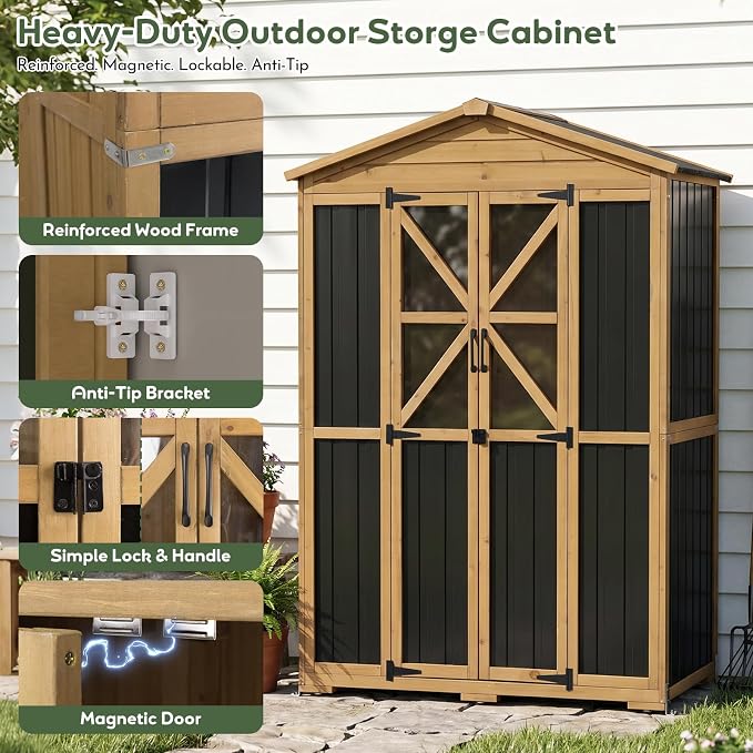 Extra Large Outdoor Storage Cabinet Weatherproof, Garden Shed with Shelves | Waterproof Asphalt Roof, 6 Adjustable Shelves & Anti-Tip Wall Brackets, Lockable Doors, 6 Hooks, for Garden, Garage, Patio