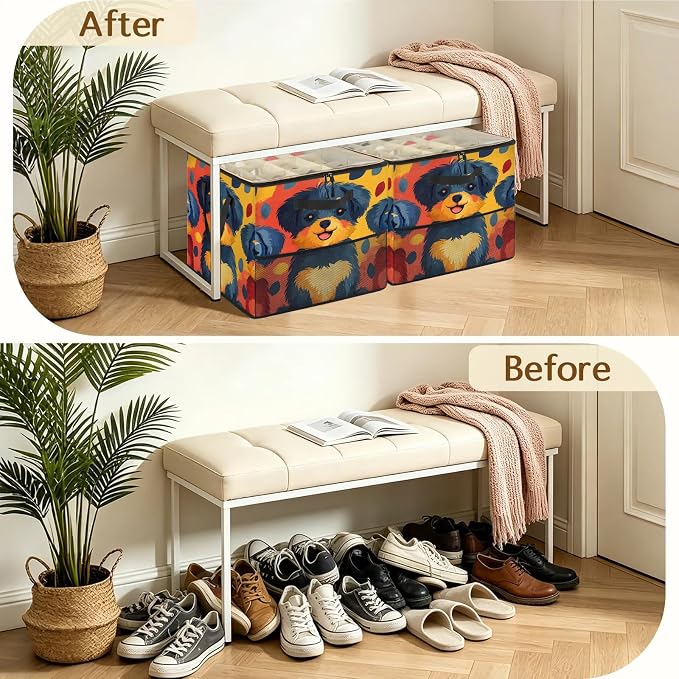 TropicalLife Lovely Dog Shoe Organizer for Closet | Foldable Shoe Storage Box Bin 16-32 Pair Shoe Storage for Sneakers, Boots & Heels with Adjustable Dividers, Clear Cover