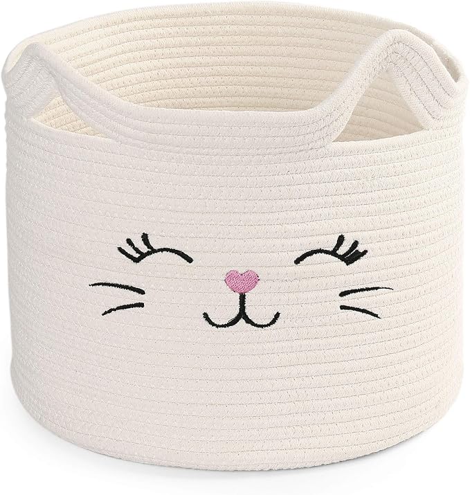 LotFancy Cat Toy Organizer, Cotton Rope Animal Basket with Handle, Cat Toys Storage Bin for Pets, Cute Woven Containers Holder for Playing Room, Kids Bedroom, 15.7x13''(H)