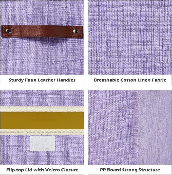 2PCS Storage Boxes with Lids Cotton Linen Fabric Bins Baskets | Decorative Collapsible Washable, Clothes Container Organizer for Closet Shelf, w/ Faux Leather Handles, Purple, Large