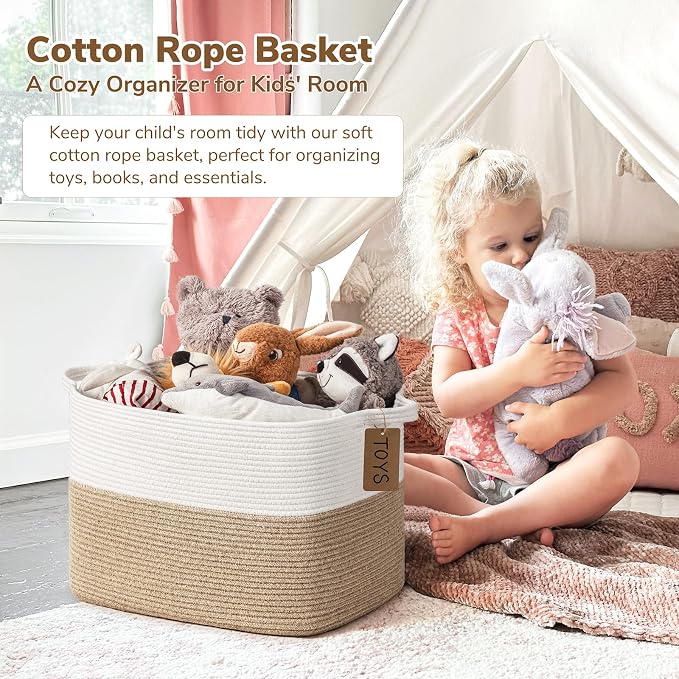 Goodpick 50L Large Woven Rope Storage Basket for Organizing, Jute | 18" × 14" × 12" Decorative Gift Basket for Nursery & Bedroom Organization, Fits Toys, Blankets & Kids Essentials Storage