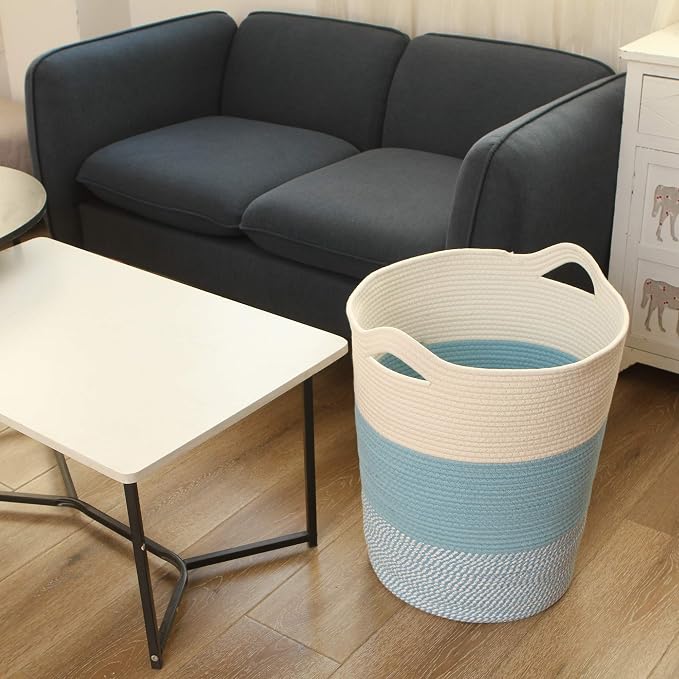 Sea Team Large Woven Cotton Rope Laundry Basket with Handles, 20 x 14 in | Collapsible Knitted Hamper, Closet Shelf Organizers, Containers for Clothing, Blankets, Toys, Bedding, Mottled Blue
