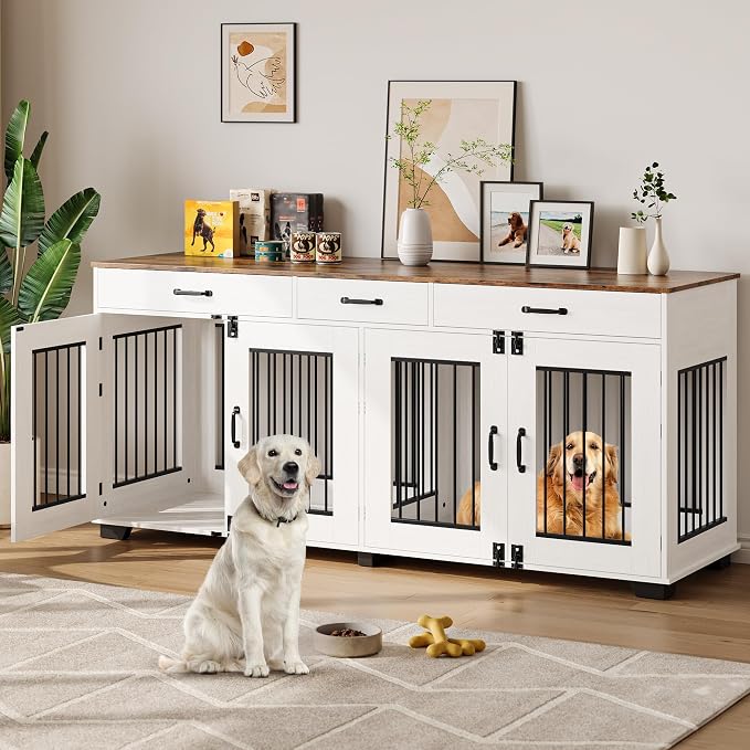 IDEALHOUSE 71-Inch Large Dog Crate with 3 Drawers for 2 Dogs, White | Dog Kennel Furniture, Large Breed Dog Crate and TV Stand for Medium-Large Dog
