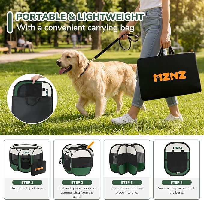 Dog Cat Small Animal Puppy Playpen Crate, Large, Dark Green | Portable Pop Up Pet Cage Enclosure Tent Kennel Indoor Outdoor with Carrying Case, No Assembly, Camping Use