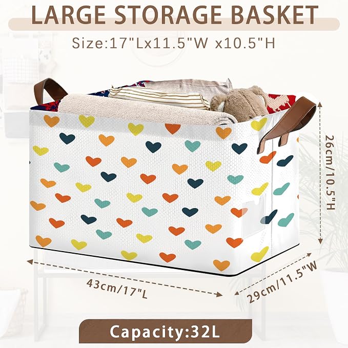 Colorful Heart Pattern Collapsible Storage Box - 17x11.5x10.5 Inch Foldable Organizer for Kids Room, Seasonal Decor - Space-Saving Single Pack