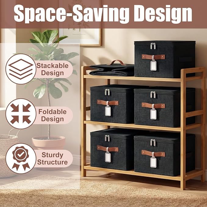 6 Pack Fabric Bins with Lids, 10 x 8 x 7 Inch Fabric Storage Bins with Zipper Lids and Labels, Decorative Foldable Storage Cubes with Handles for Closet Nursery Shelf Organization, Black