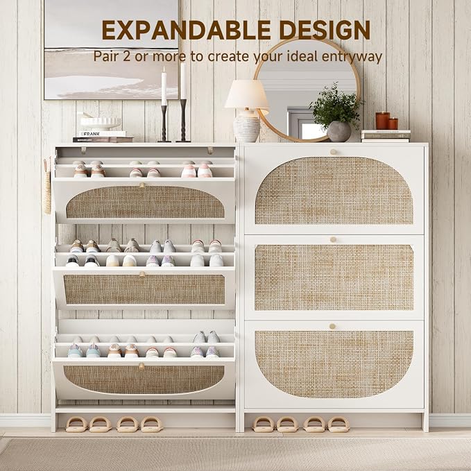 Shoe Cabinet Storage for Entryway Slim 9.5" Freestanding Floor Base Shoe Storage Cabinet, 3 Flip Drawers with 3-Position Adjustable Divider, Holds 16-36Pairs, Bright White