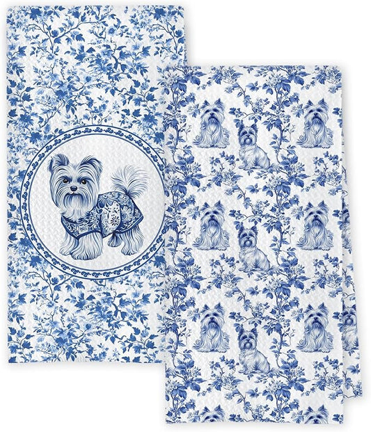 Chicimln Chinoiserie Yorkshire Terrier Kitchen Towels, Gifts for Yorkie Lovers Decorative Hand Towels for Bathroom, Blue and White Dog Dish Tea Towel Drying Cloth for Kitchen Decor,16x24 Inch,set of 2
