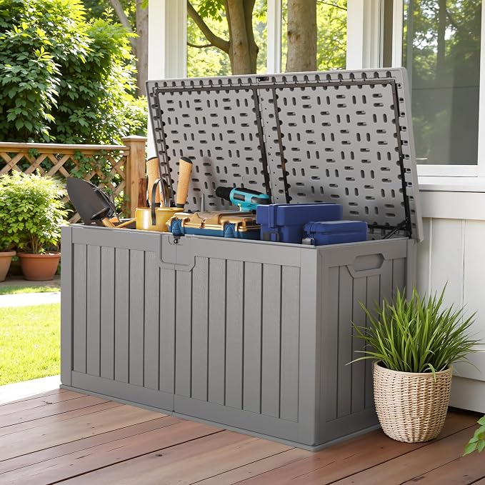 Devoko HDPE 240 Gallon Deck Box Double-Wall with Divider | Large Outdoor Storage Box Side Handles, Waterproof and Lockable for Patio Furniture, Garden, Pool
