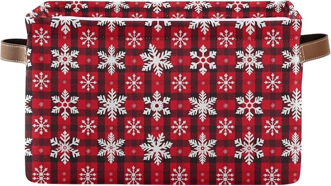 Christmas Red Buffalo Plaid Storage Basket with Waterproof Liner and PU Handles Winter Snowflake Checker Storage Bins Boxes 14.2" Collapsible Decorative Baskets for Bedroom Closet Office 1 Pack