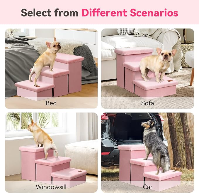 Zerbuger Dog Stairs with Storage, Pink Furry Lids 3 Steps Dog Ramp no Condo | 18" H Wider Dog Steps for High Beds Couch, Folding Storage Pet Stairs Gift for Climbing Small/Medium/Large Old Dogs Cats
