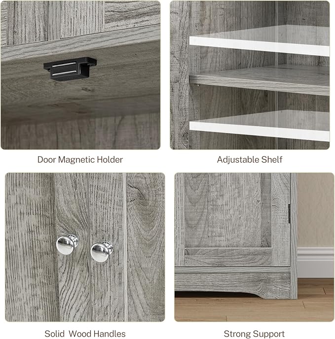 TEENFON 57.8" H Tall Storage Cabinet with 2 Drawers & 2 Adjustable Shelves, Bathroom Storage Cabinet with 4 Doors, Floor Cupboard, for Living Room, Dining Room, Entryway, Woodgrain Gray