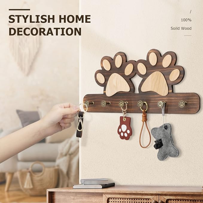 MTERSN Decorative Dog Leash for Wall with 6 Key Hooks for Entryway, Brown | Unique 3D Pet Claw Hooks, Leash Holder for Wall, Coat Rack for Hats & Wallets, Dog Accessories Organizer for Wall Decor