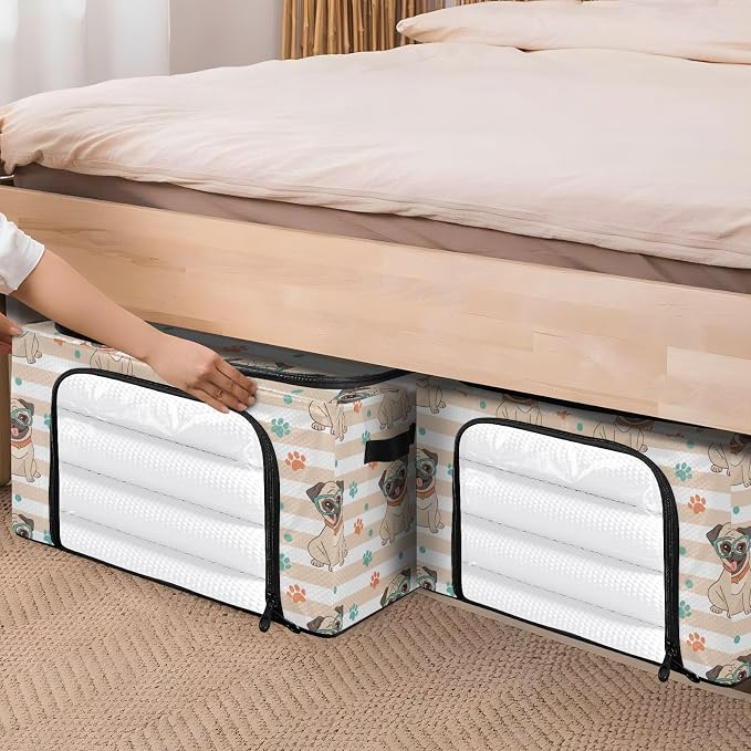 Cute Pets Pug Beige print Under Bed Storage Containers with Double Zipper Openings, Foldable Clothes Storage Bins with Clear Window and Handles for Blankets Comforters Bedding