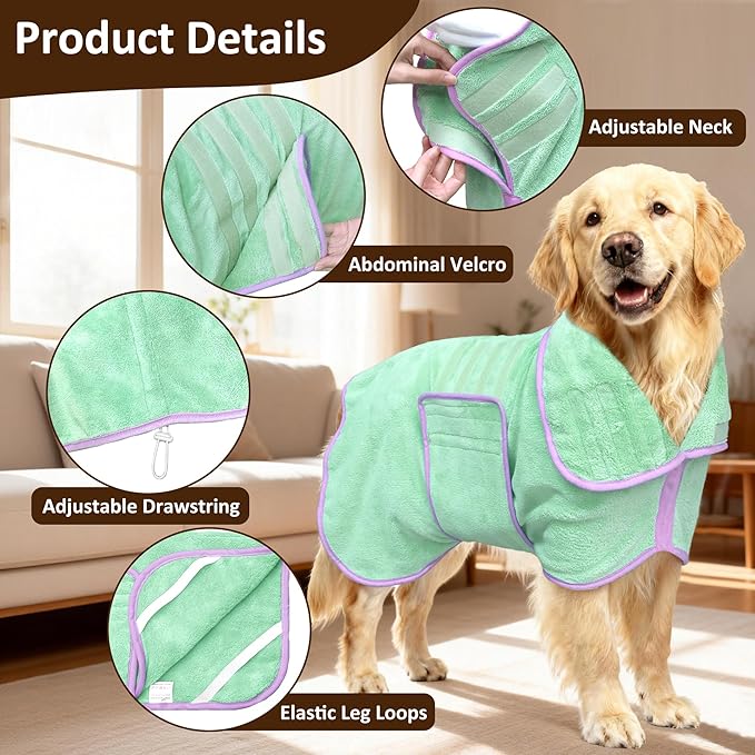 Soft Dog Bathrobe Fast Drying Dog Coat, Super Absorbent Dog Towels for After Bath, Microfiber Pet Robe Adjustable Collar & Belly Warm Keeping Dogs Coat for Pet Dogs & Cats (Green, Small)