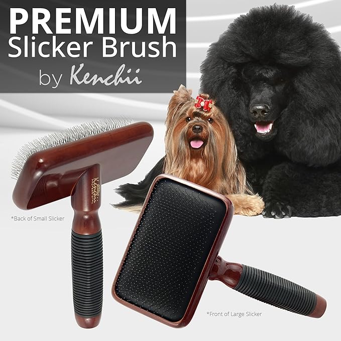 Kenchii Slicker Brush for Dogs, Professional Dog Grooming Brush for Loose Fur, Tangles, Long Short Haired, Stainless Steel Pins, Maplewood Handle, Medium
