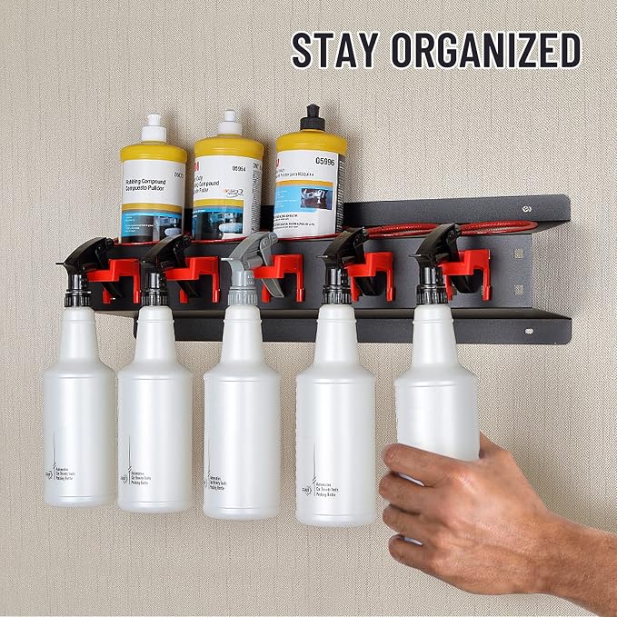 2 Set Spray Bottle Storage Rack with Car Cleaning Brush Detailing Kits,Hanging Rail Car Shop Accessory Display Auto Cleaning Detailing Tools Hanger Bottle Organizer
