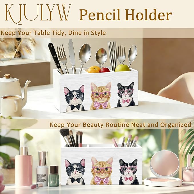 Cat Pen Holder for Desk, Cat Mom Lady Gifts, Coquette Bow Glasses Kitty Wooden Box Pencil Pen Holder Organizer for Kids Room Home Office Desk Accessories
