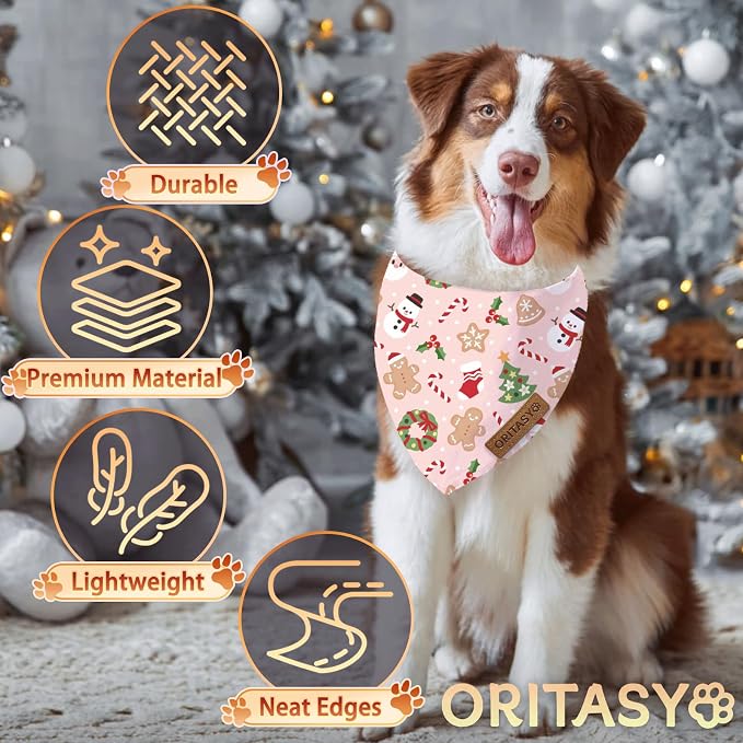 Pink Christmas Dog Bandanas, 2-Pack Triangle Reversible Snowman Gingerbread Man Pet Scarves, Premium Fabric, Santa Claus Bandana for All Boys Girls Dogs (Small, Style 1)