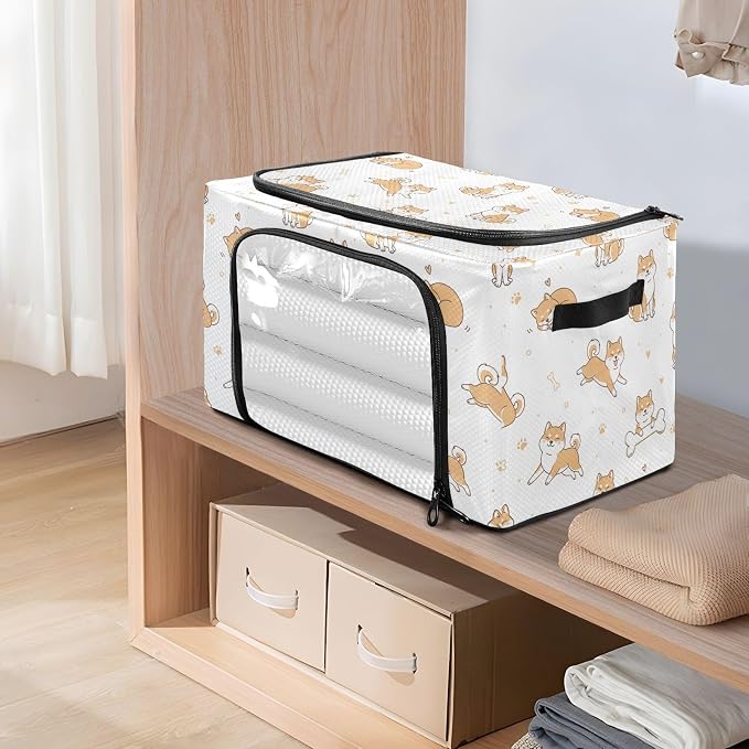 Cute Pets Dogs White print Under Bed Storage Containers with Double Zipper Openings, Foldable Clothes Storage Bins with Clear Window and Handles for Bedding Comforters Blankets