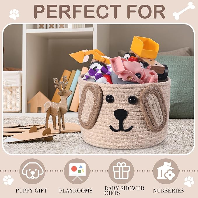 Zopeal Dog Woven Basket, 7.9" D x 6" H Cotton Rope Toy Storage Organizer, Dog Mom Gift Empty, Cute Laundry Puppy Gift Animal Basket for Clothes, Towels, Toy, Laundry, Bathroom, Home(Khaki, Beige)