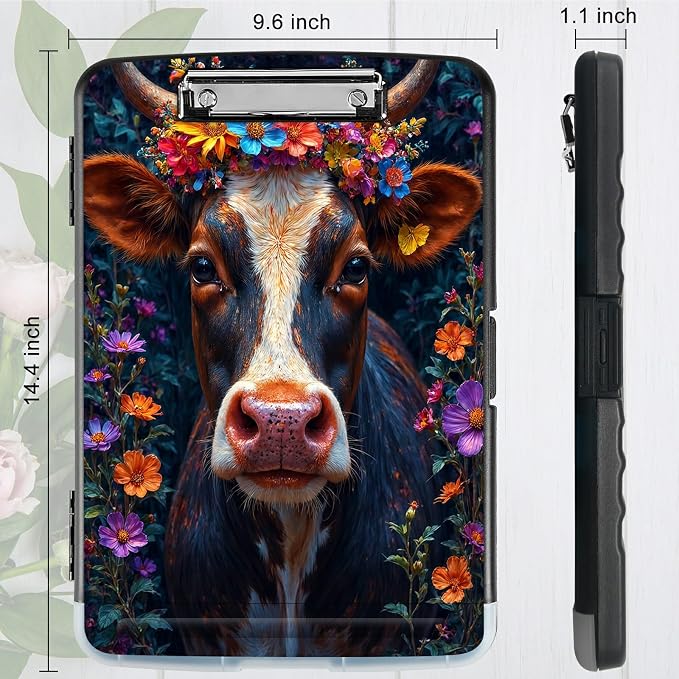 A4 Clipboard with Storage Pen Holder, Clipboards Organizer Nursing Clipboard Foldable File Folder Plastic Clipboard Folio Clip Board for Office Work Classroom Doctor, Black White Cow Flower