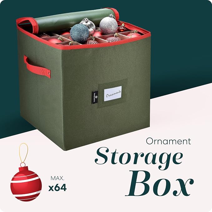 Handy Laundry, Christmas Ornament Storage, Stores up to 64 Holiday Ornament, Adjustable Dividers, Zippered Top, Two Handles Attractive Storage Box Keeps Decorations Clean & Dry for Next Season, Green