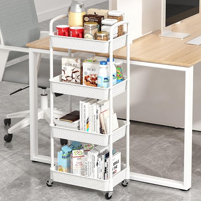 MOYIPIN 4-Tier Plastic Rolling Utility Cart with Handle,White | Utility Storage Cart for Office, Living Room, Kitchen,Movable Storage Organizer，Easy installation，Rattan-like art design