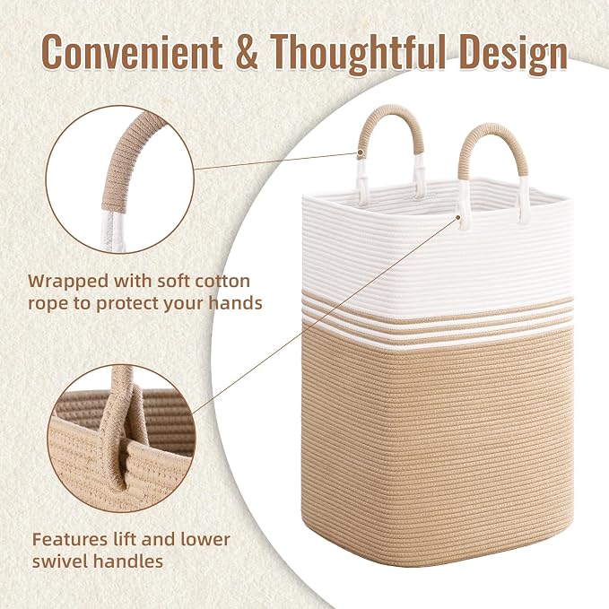 Laundry Basket Hamper,Blanket Storage,Dirty Clothes Hamper with Swivel Handles,Woven Cotton Rope Toy Baskets,Blanket Basket Living Room,Decorative Hampers for Nursery,Bedroom,White & Brown,60L