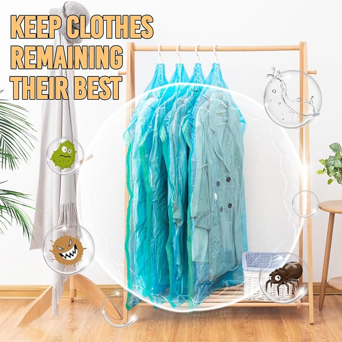 TAILI Hanging Vacuum Storage Sealer Space Saver Bags for Clothes, Coat, Closet Organizers, 4 Pack (2 Long, 2 Short) Blue | Vacuum Seal Bags for Clothing Travel, Winter Clothes Storage Closet Organizers, Garment, Coats, Suits and Jackets