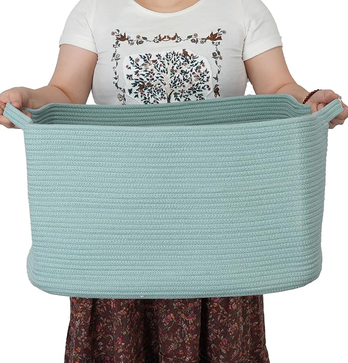 XUANGUO Large Rectangle Woven Cotton Rope Blanket Basket 22"x17"x12" Green