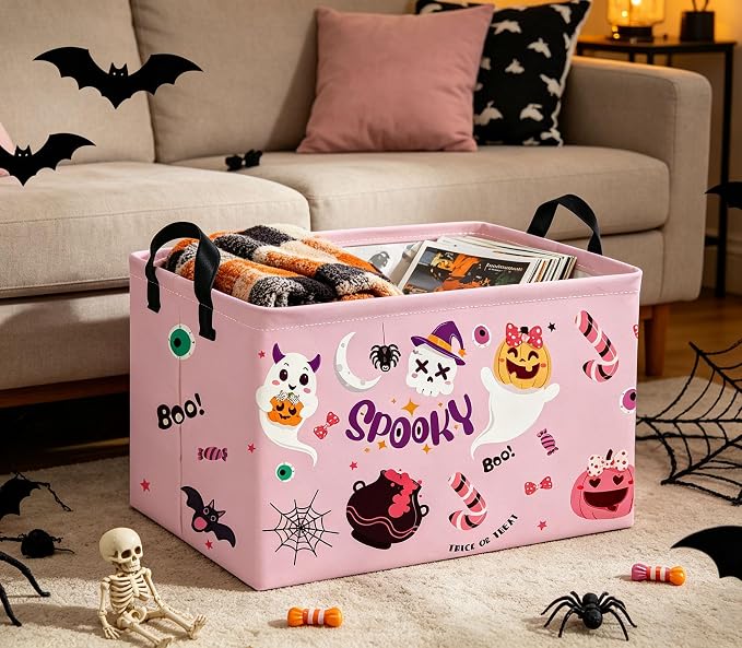 Rectangle Kids Baskets Halloween Basket Pink Storage Bin Fish Box for Room Decor Gift Basket(Pink halloween)