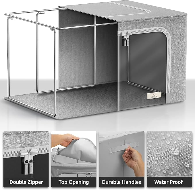 Sorbus Clothing Storage Bins with Clear Window, Metal Frame (4 Pack, Gray) | Oxford-fabric containers with carry handles stack neatly to organize bedding and linens in closets and laundry rooms.