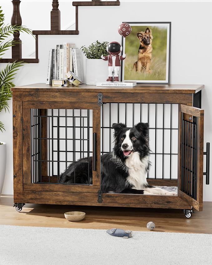 YaFiti Dog Crate Furniture, 38.5" Wooden Dog Kennel, 2 Pack, Rustic Brown | Cushion, Wheels, Double Doors, for Large/Medium Dogs, Up to 70 lb, Furniture Style, Side End Table, Decorative Pet Cage House