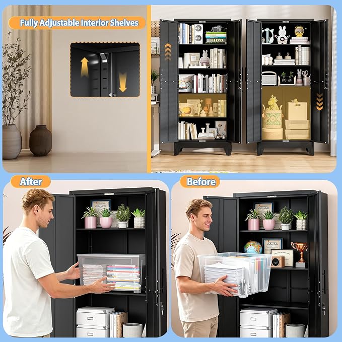 Tall Metal Storage Cabinet with Lock, 4 Adjustable Shelves, Steel Cabinet | Heavy-duty steel cabinet with lockable storage, adjustable shelves, adjustable feet for indoor use
