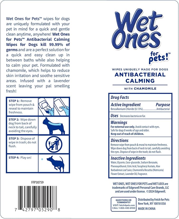 Wet Ones for Pets Antibacterial Calming Dog Wipes with Chamomile and Lavender Scent - Kills 99.99% of Germs, Durable Disposable Paw Wipes for Pets, 30 Count