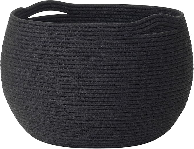 Goodpick Large Toy Storage Basket for Kids, Round, 15.7" x 10.5", Black | Woven Rope Basket with Handles, Holds Blankets, Toys & Baby Shower, Decorative Basket for Living Room & Bedroom Décor