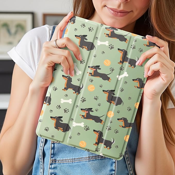 Cute Kawaii Dachshund Case for 13" iPad Pro(2024), Clear TPU Smart Stand Back Cover with Pencil Holder, Auto Wake/Sleep Foldable Shockproof Protective Case