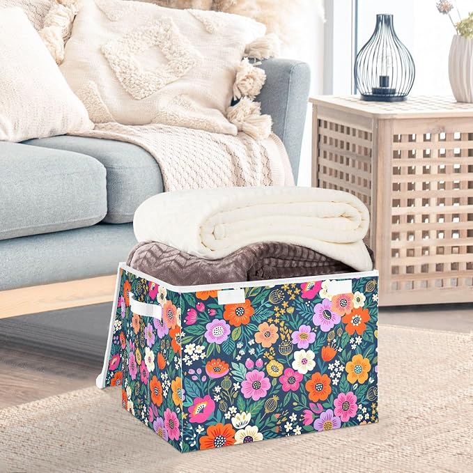 Tropical Flower Storage Bins with Lids Closet Bedroom 40L Fabric Bin | Decorative Storage Boxes, Foldable & Stackable, Dust-Proof Flip Top, Reinforced Handles, For Home & Dorm, Clothes & Toy Box