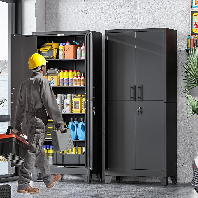Tall Metal Storage Cabinet with Lock, 4 Adjustable Shelves, Steel Cabinet | Heavy-duty steel cabinet with lockable storage, adjustable shelves, adjustable feet for indoor use