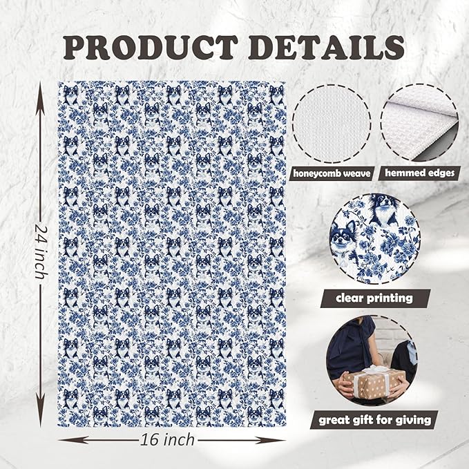 Chicimln Chinoiserie Chihuahua Dog Kitchen Towels, Chihuahua Gifts for Women Men Decorative Hand Towels for Bathroom, Blue and White Dog Dish Tea Towel Drying Cloth for Kitchen Decor, 16x24 Inch