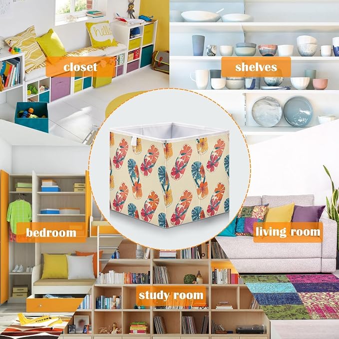 YETTASBIN Flip Flops Rectangular Storage Bin, Large Foldable Storage Basket Clothes Organizer Bin for Shelf, Closet, Nursery, Bedroom, Office, Home Decor, 15.7 x 10.6 x 6.7 Inch
