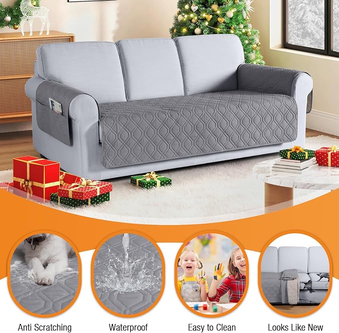 VANSOFY Waterproof Couch Cover for Pets, Light Gray, 67.3" | Non-Slip, Washable, Utility Pockets, Pet Friendly, Furniture Protector Slipcover for 3 Cushion Couch