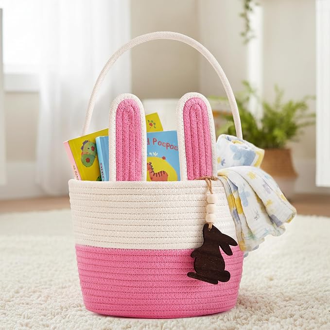 Pro Goleem Easter Basket for Kids, Adorable Woven Egg Hunt Bucket with Handle, Soft First Easter Gift Tote Bag, Nursery Toy Storage Bin with Tag(Pink)