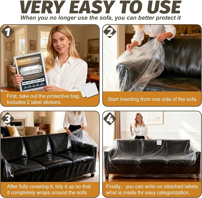 2 Pack Clear Plastic Moving Sofa couch Furniture Storage Covers | Extra Large 92x 62 x 42 Inch Moving Bags, With Label, Waterproof, Dust Proof