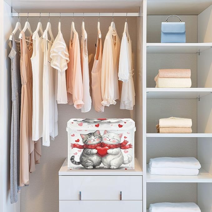 Fabric Storage Bins with Lid Cat Kitten Hug Closet Storage Basket 40L | Foldable & Stackable, Flip Top Dust Guard, Reinforced Handles, Home & Bedroom, Clothes & Toys, Oxford Print Basket