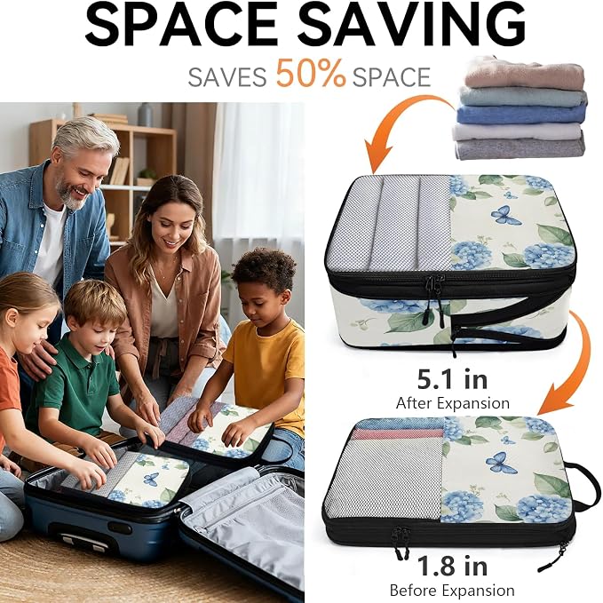 Hydrangea 6 Set Compression Packing Cubes Flower Expandable Packing Organizer for Travel Accessories Luggage Suitcase Bag