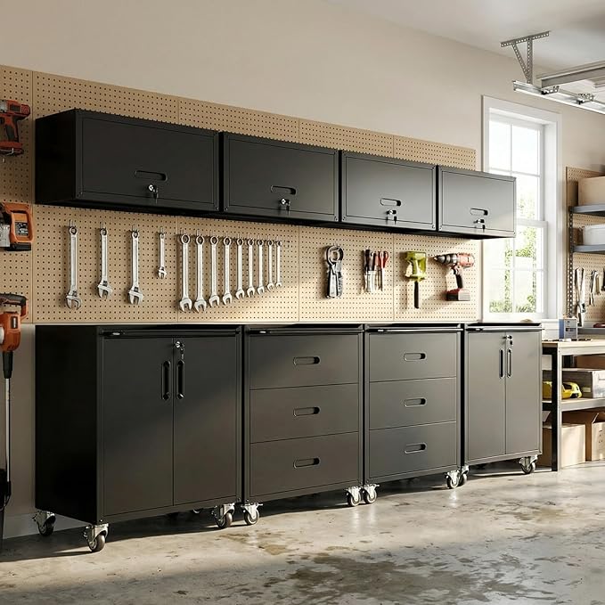 Garage Cabinet System | Heavy Duty Steel All-in-One Modular Garage Cabinet Set for Ultimate Workshop Organization | Easy Assembly Garage Storage Cabinets & Tool Bench